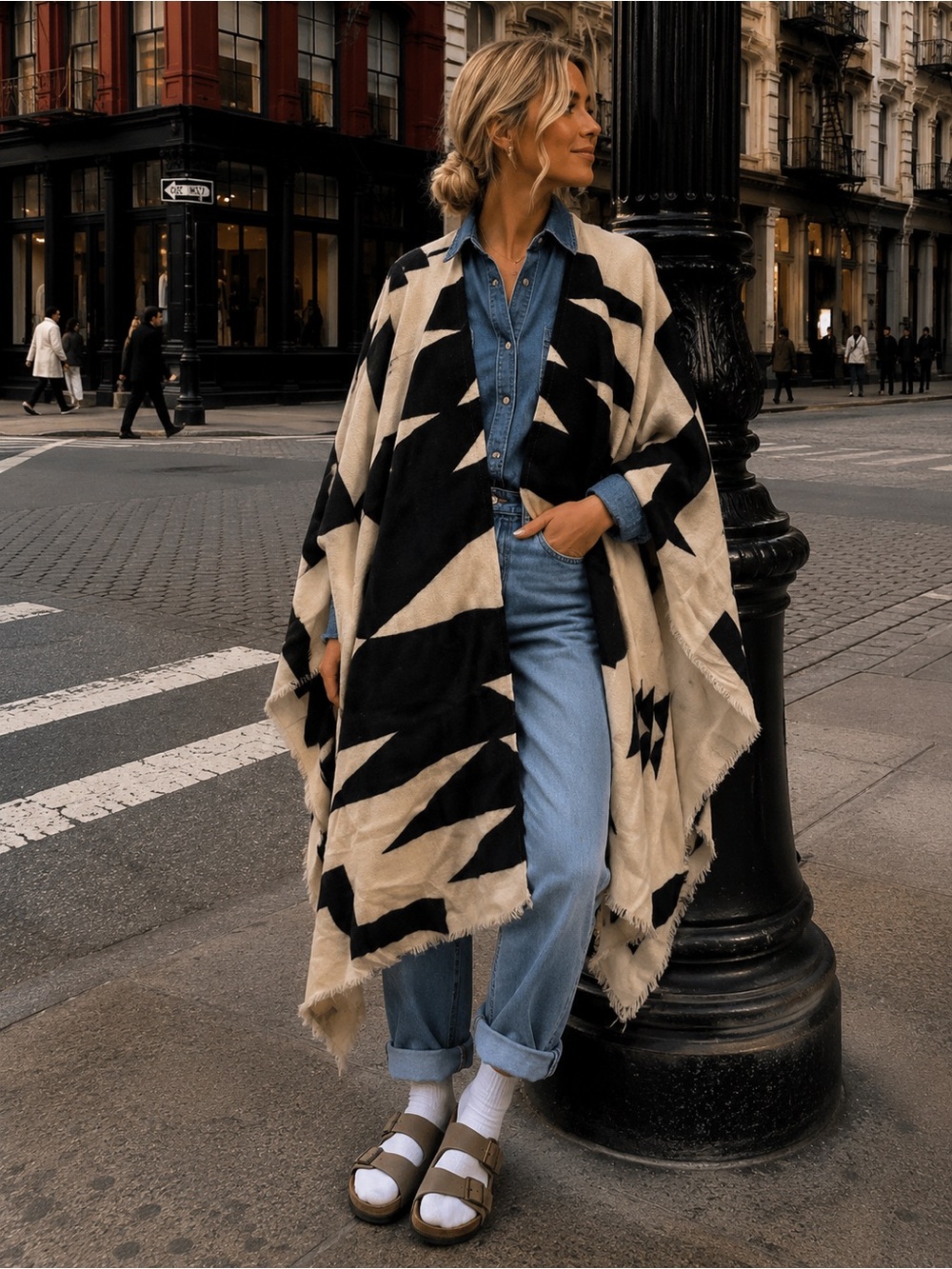 Winter cream-colored woven wrap shawl featuring a bold black design